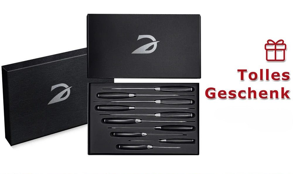 10-teiliges Küchenmesserset – Schwarze Holzgriffe, vielseitige Chefmesser für Gemüse, Fleisch und Brot