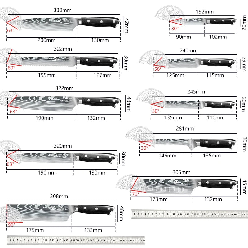 10-teiliges Küchenmesserset – Schwarze Holzgriffe, vielseitige Chefmesser für Gemüse, Fleisch und Brot