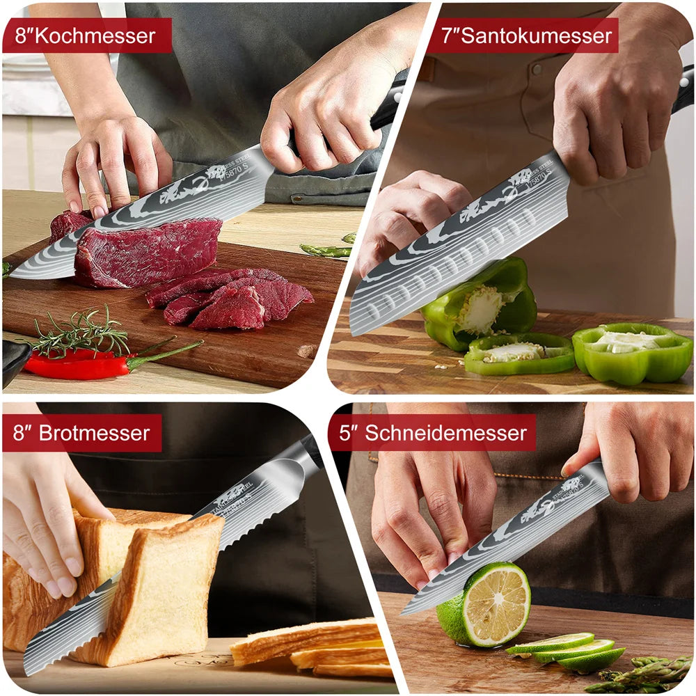 10-teiliges Küchenmesserset – Schwarze Holzgriffe, vielseitige Chefmesser für Gemüse, Fleisch und Brot