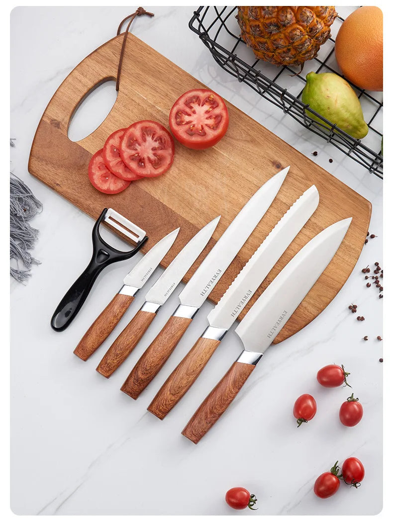 6-teiliges Messerblock-Set – Hochkarbon-Edelstahl mit Holzoptik-PP-Griffen