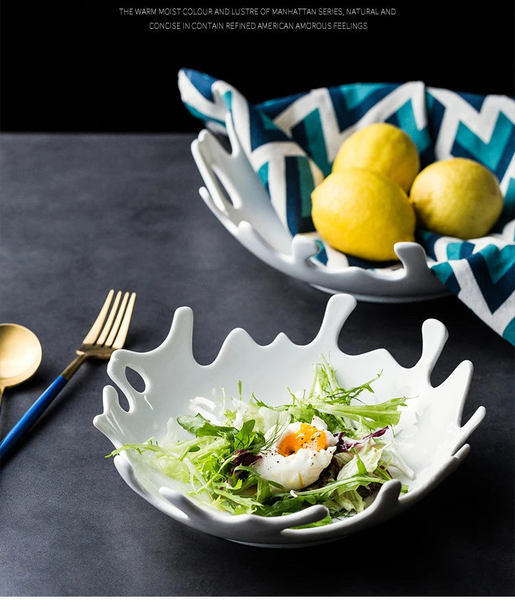 Kreative weiße Keramikschale – Unregelmäßige Form für Salate, Desserts und Früchte