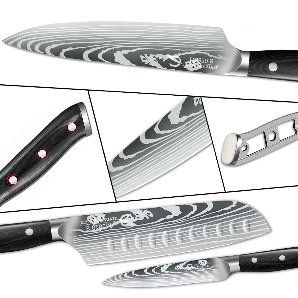 10-teiliges Küchenmesserset – Schwarze Holzgriffe, vielseitige Chefmesser für Gemüse, Fleisch und Brot