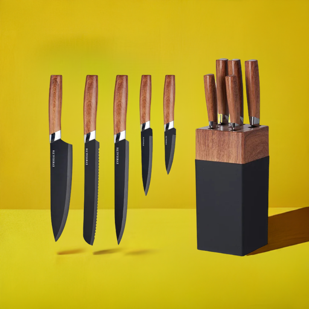 6-teiliges Messerblock-Set – Hochkarbon-Edelstahl mit Holzoptik-PP-Griffen