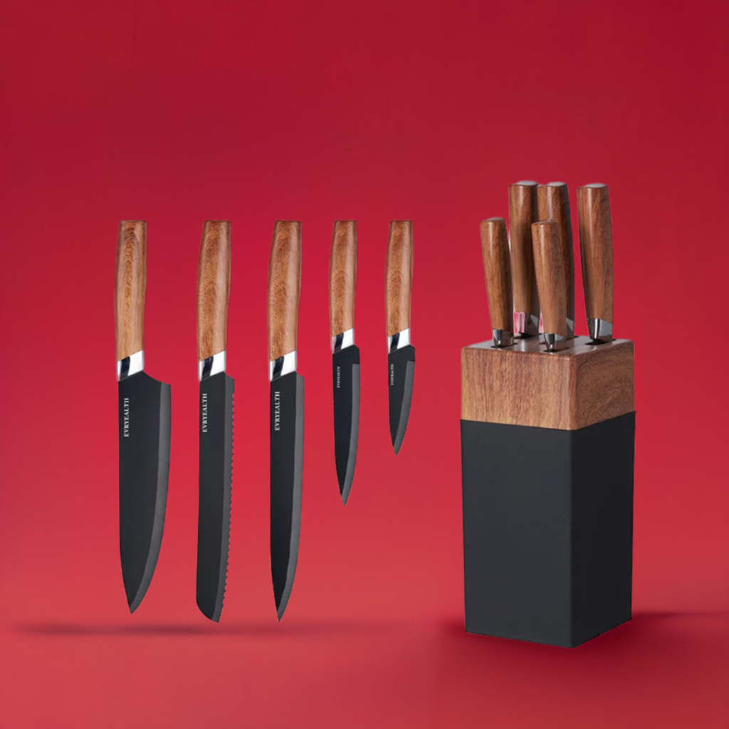 6-teiliges Messerblock-Set – Hochkarbon-Edelstahl mit Holzoptik-PP-Griffen