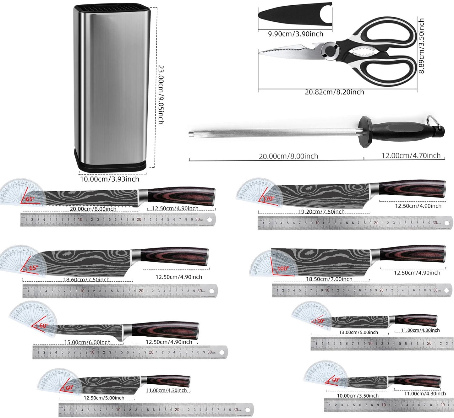 Küchenmesserset mit Messerblock, Schärfer und Küchenschere – Ideal zum Hacken, Schneiden und Zerteilen
