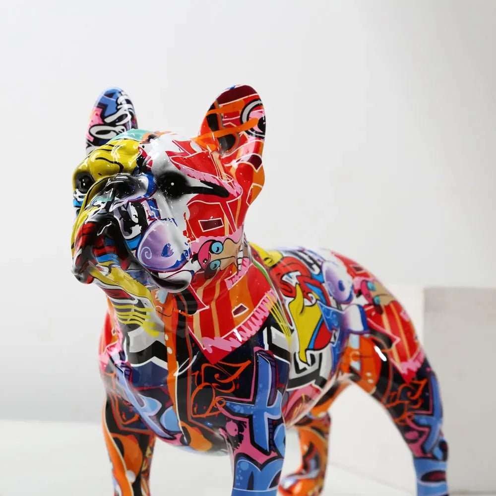 Kreative bunte Bulldoggen-Statue – Moderne Graffiti-Deko aus Resin für Zuhause