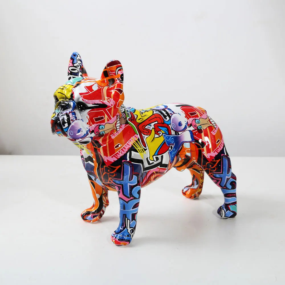 Kreative bunte Bulldoggen-Statue – Moderne Graffiti-Deko aus Resin für Zuhause