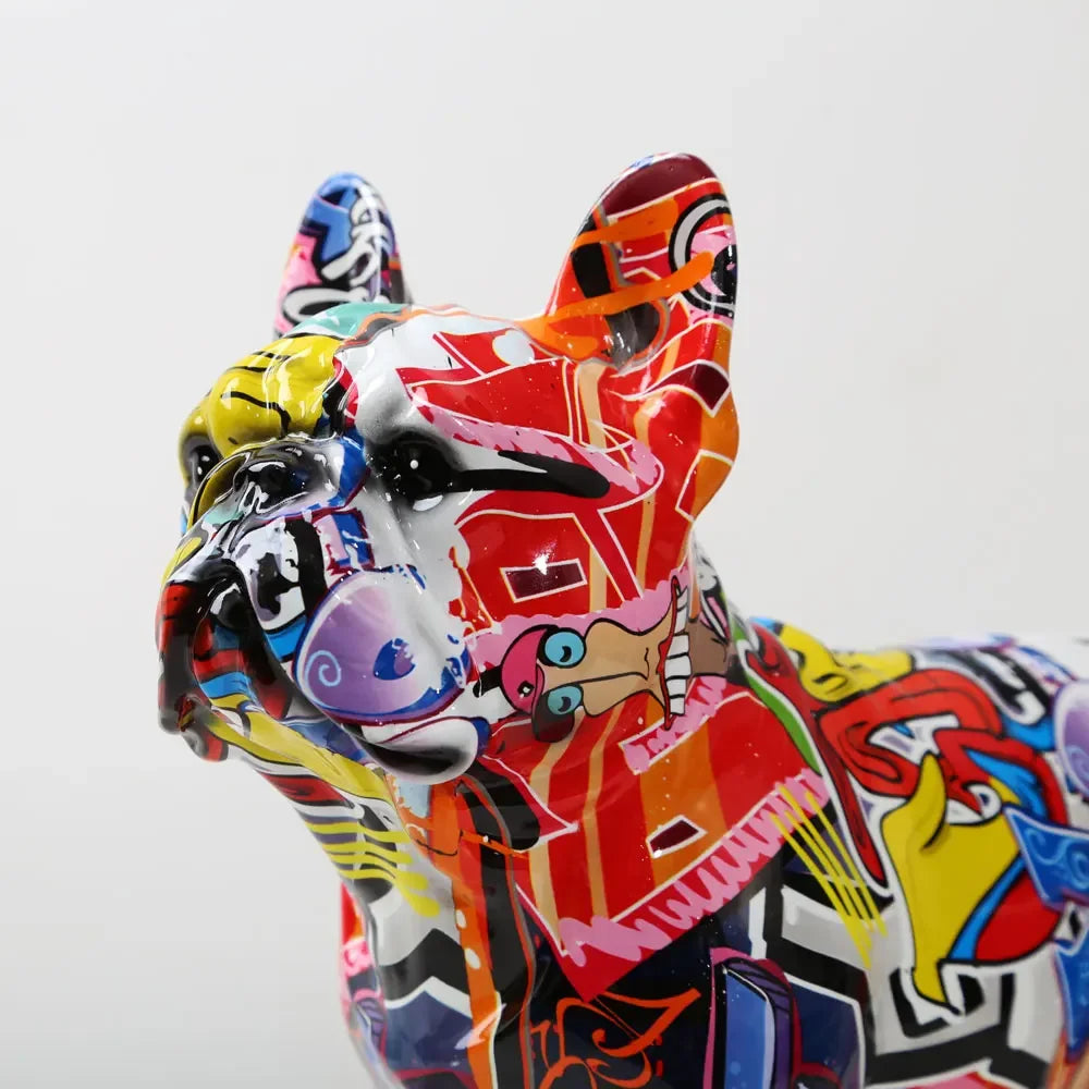 Kreative bunte Bulldoggen-Statue – Moderne Graffiti-Deko aus Resin für Zuhause