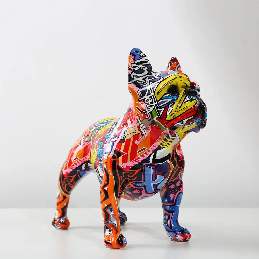 Kreative bunte Bulldoggen-Statue – Moderne Graffiti-Deko aus Resin für Zuhause