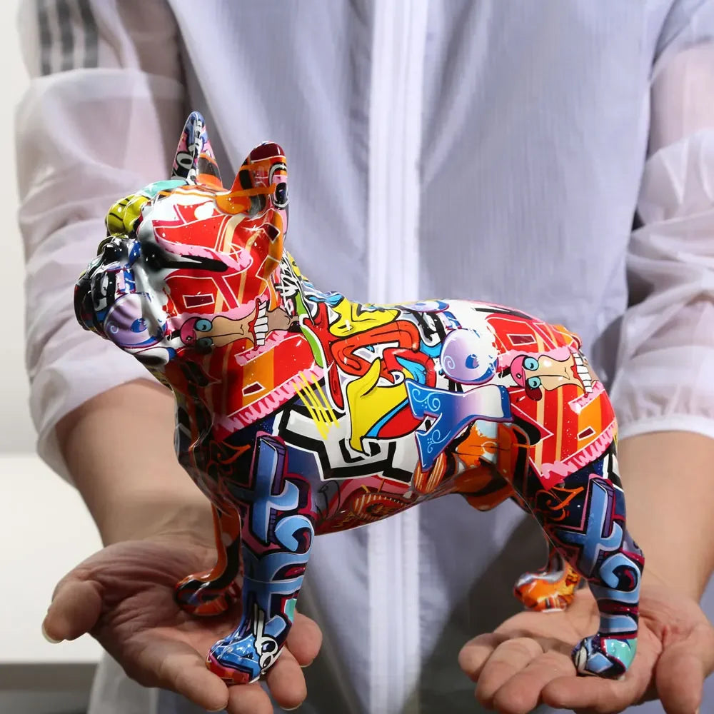 Kreative bunte Bulldoggen-Statue – Moderne Graffiti-Deko aus Resin für Zuhause