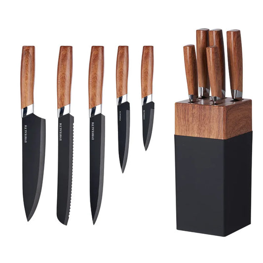 6-teiliges Messerblock-Set – Hochkarbon-Edelstahl mit Holzoptik-PP-Griffen